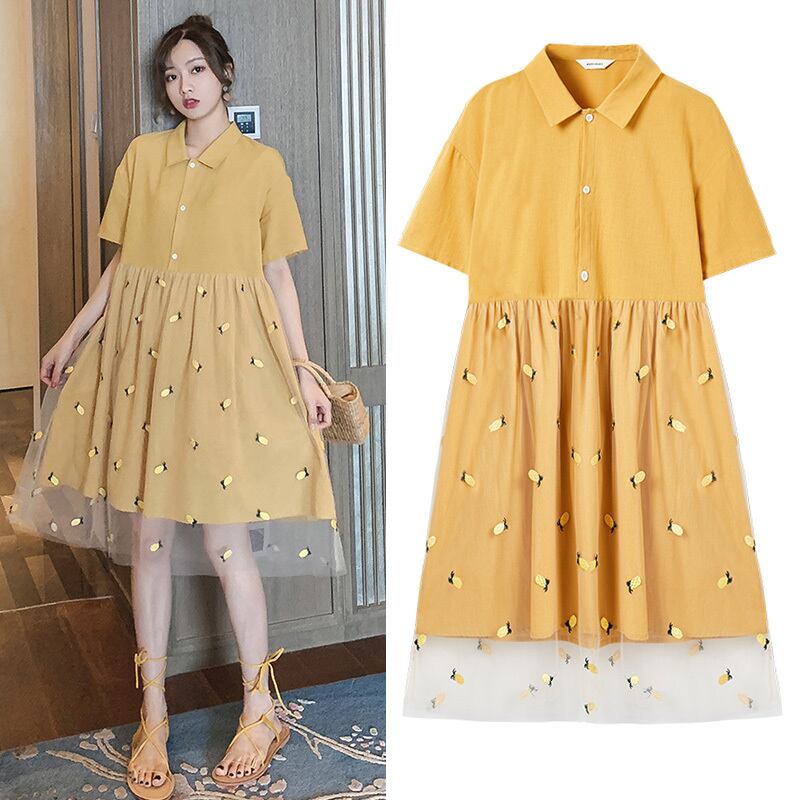 【新作】【送料無料】 2020年夏の新しいマタニティパイナップルプリントコットンドレス、ガーゼターンダウンカラー半袖妊婦リネンドレス ショート ハーフスリーブ サマー 夏物 AL expec339518823994