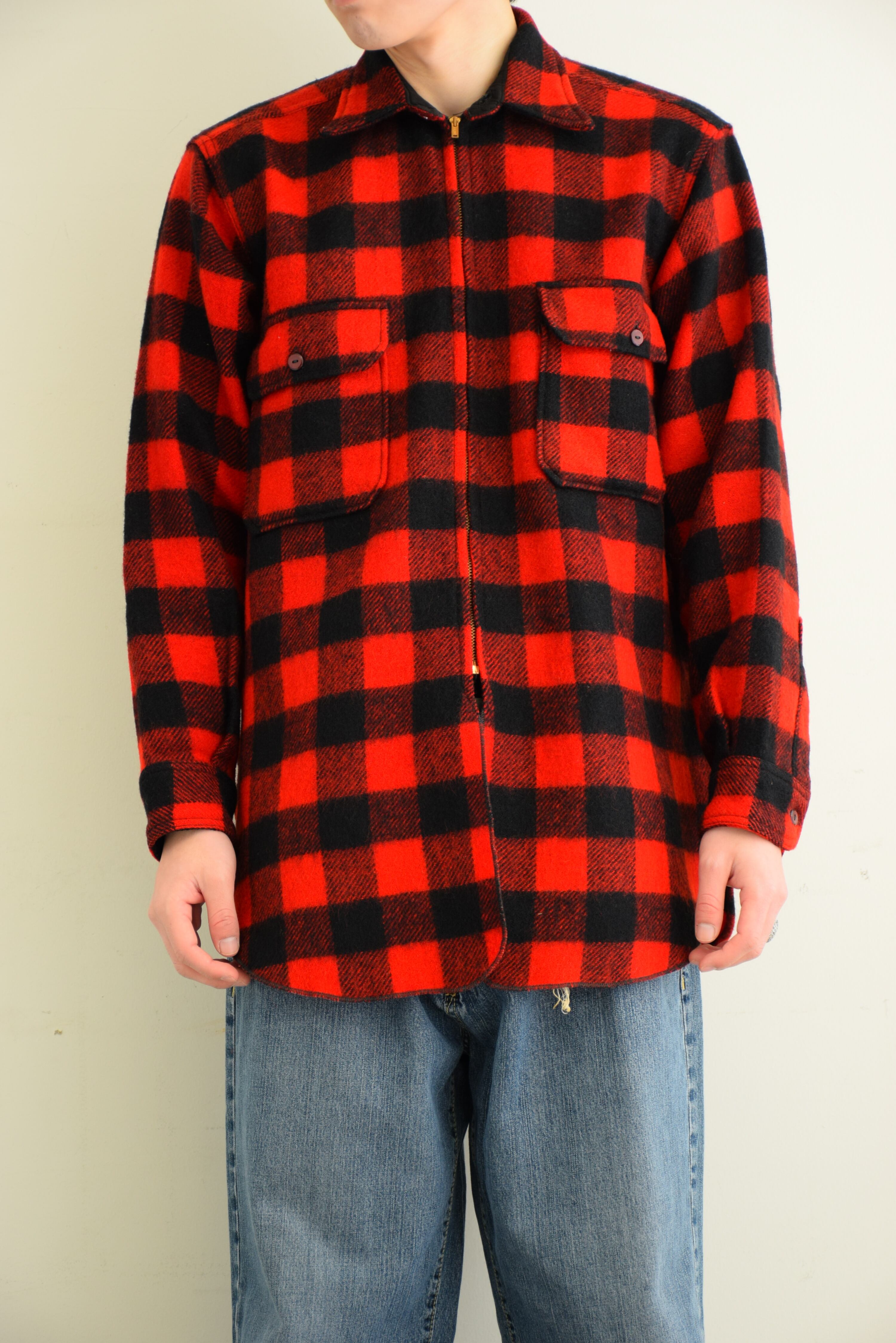 40's Racine ウール フルジップシャツ メンズ レッド ブロックチェック