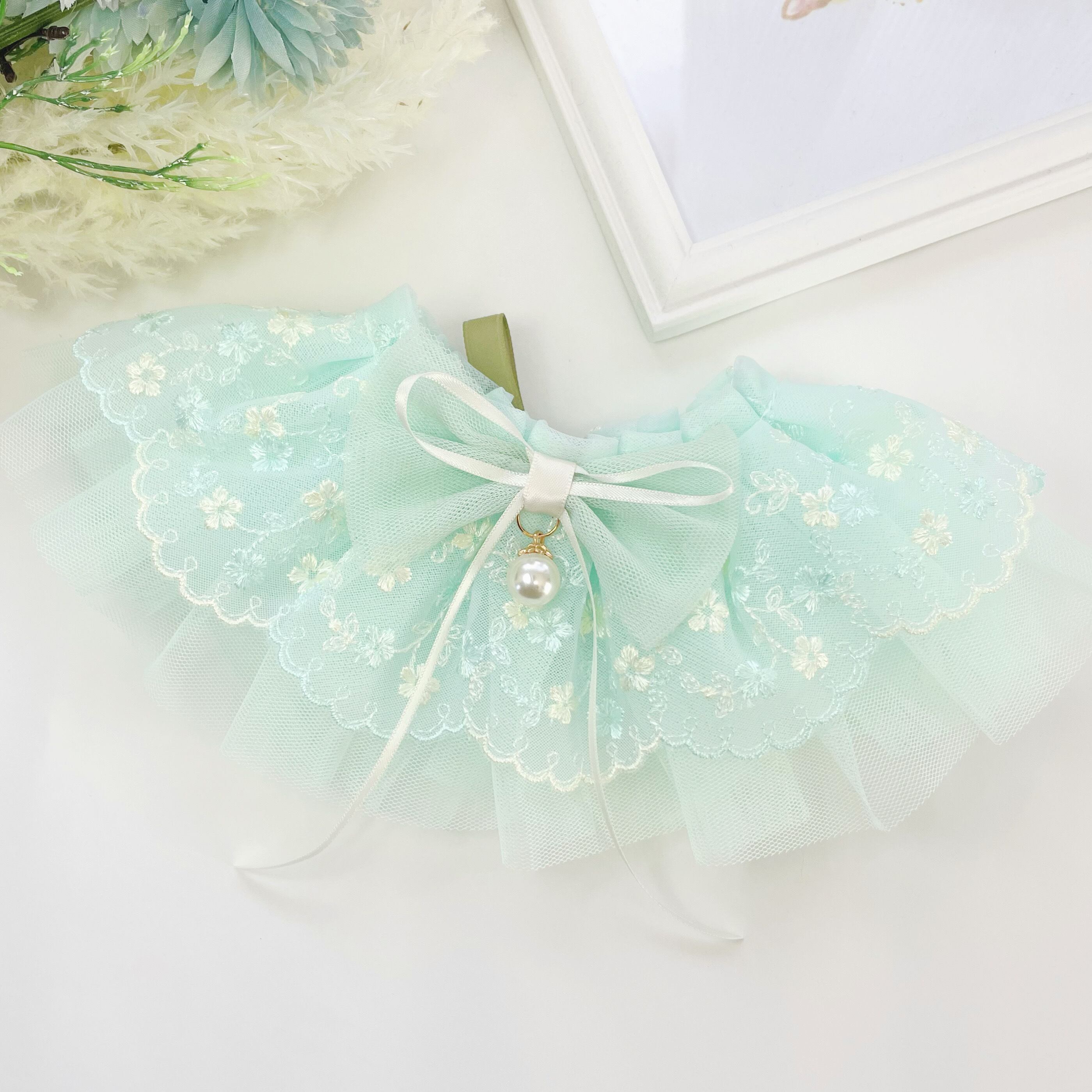 Flowerブーケエプロン 猫 リボン 付け襟 グリーン