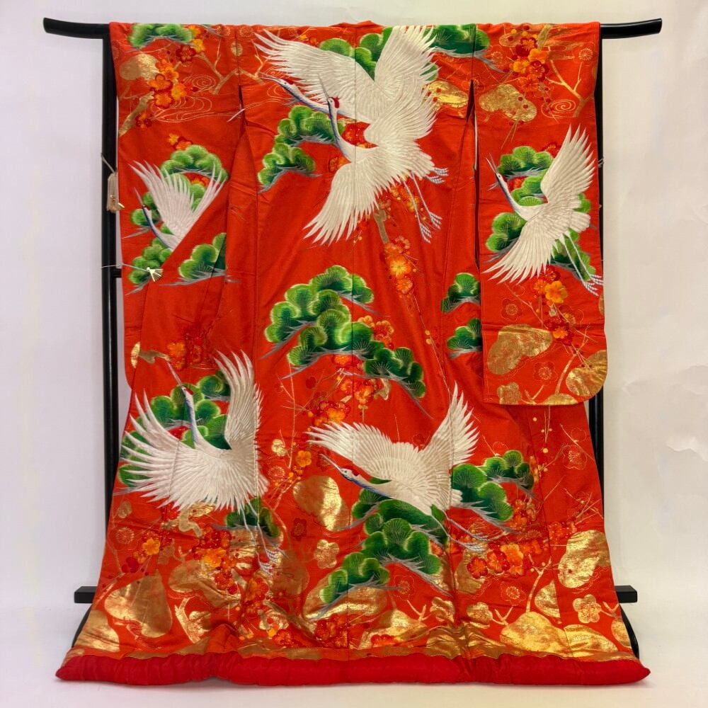 色打掛 正絹 鶴 刺繍 赤 打掛 花嫁衣裳 ポリエステル リサイクル 中古 ブライダル ウエディング 着物 6627