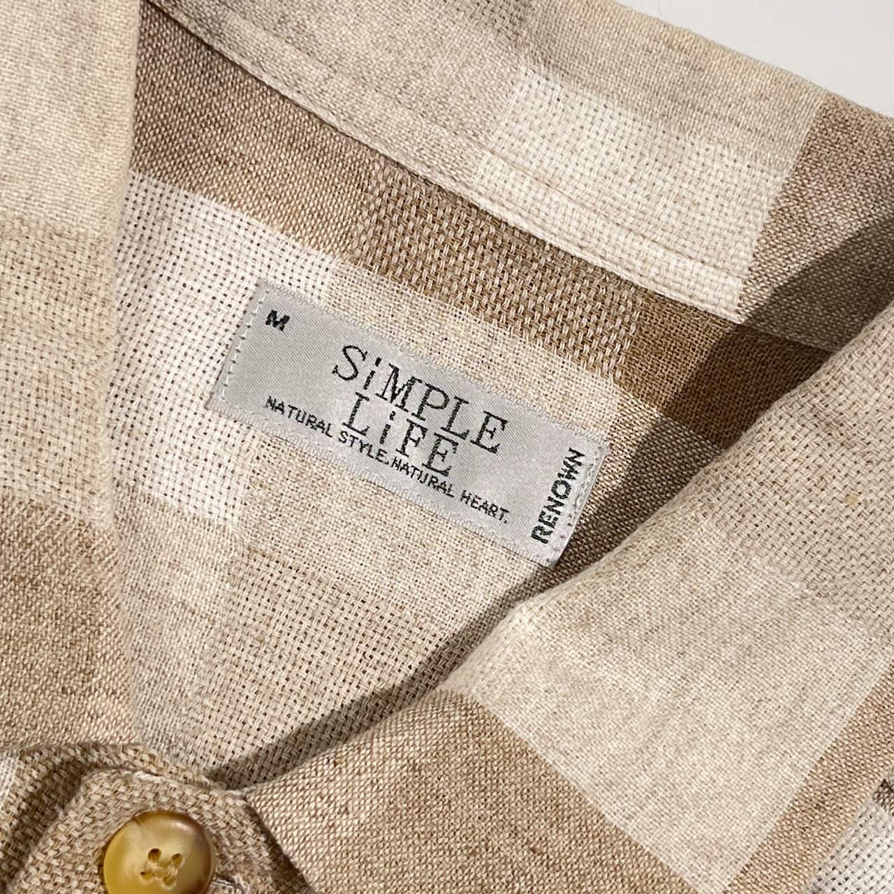 リネン混 SIMPLE LIFE シンプルライフ ブロックチェック柄 長袖 ワークシャツ M /ベージュ系 メンズ