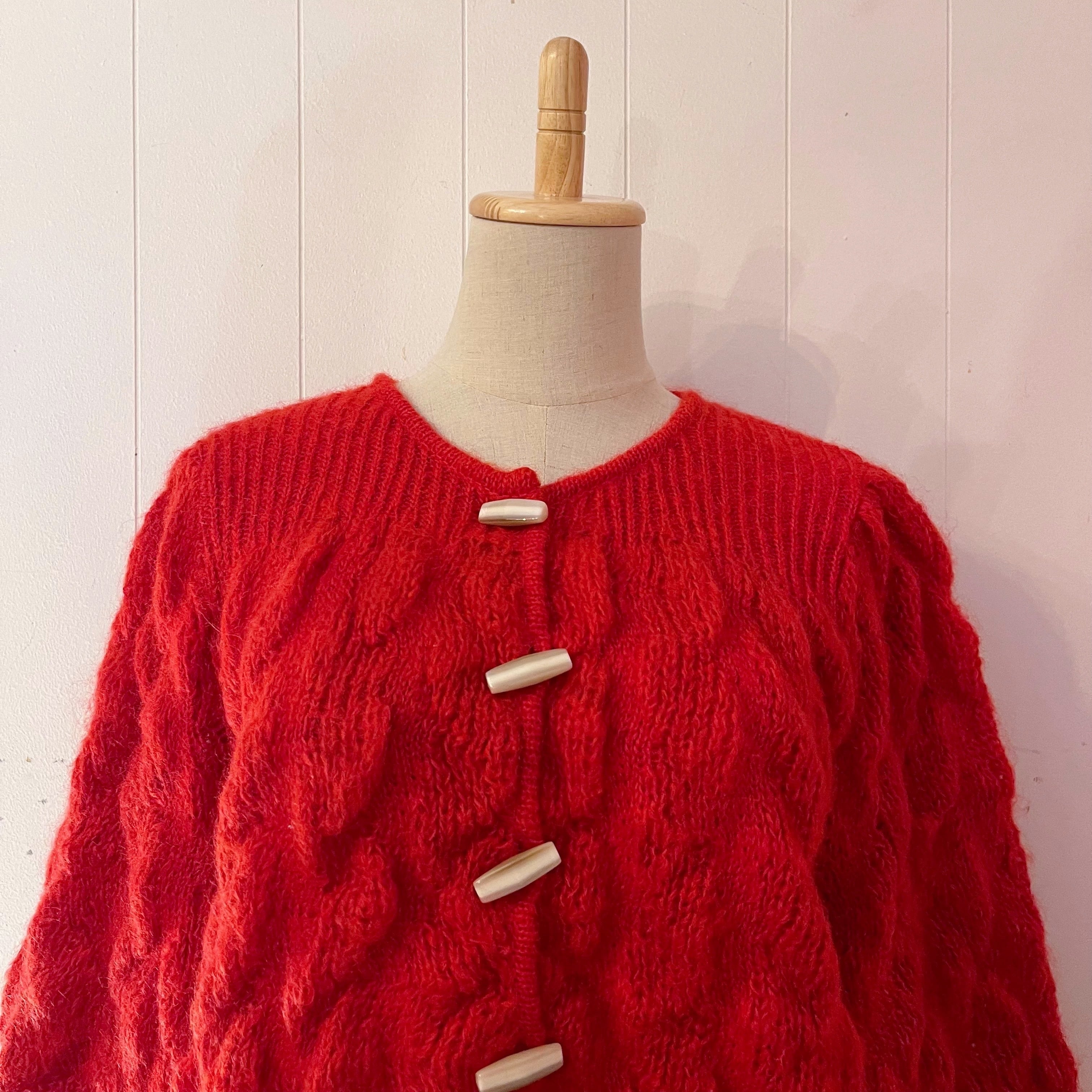 toggle button red cable knit cardigan