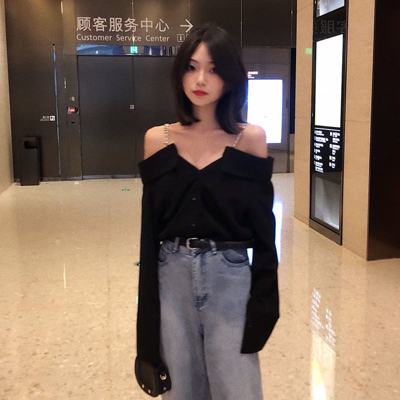 スプリングストラップレスVネックチェーン シャツ レディーススタイルトップス 春物 試着室86647690303