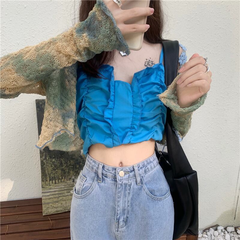 サマーブループリーツショートカーディガン 大人ガーリー スウィート キュート カジュアル 夏物 ガールズファッション79126435168