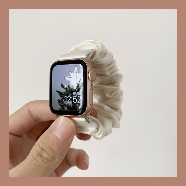 Apple Watch ストラップ ミルクホワイト チェック シュシュ♡ふわふわでかわいい