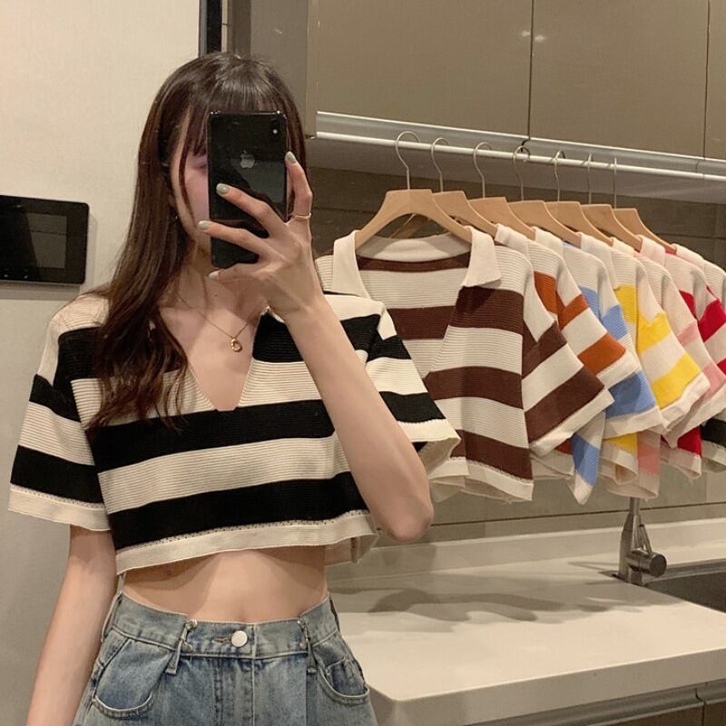 スタイルショートニットセーター カラーストライプVネックプルオーバー ルーズ YY-ファッション2908018710