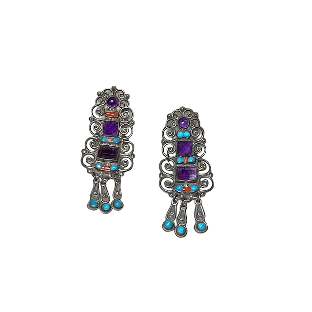 vintage silver pierce set with amethyst & turquoise & coral made in Mexico