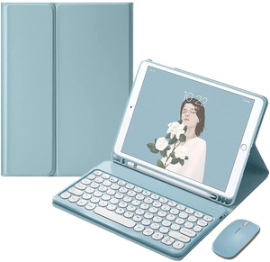 【数量限り】iPad6 iPad5 キーボードケース マウス付き 可愛い iPad Air Air2 iPad Pro9.7 Bluetooth キーボード 丸型キー 2色配色 カラーキーボード ケース カバー マウス レディース 分離式 ペンシル収納 女性向け (ブルー)
