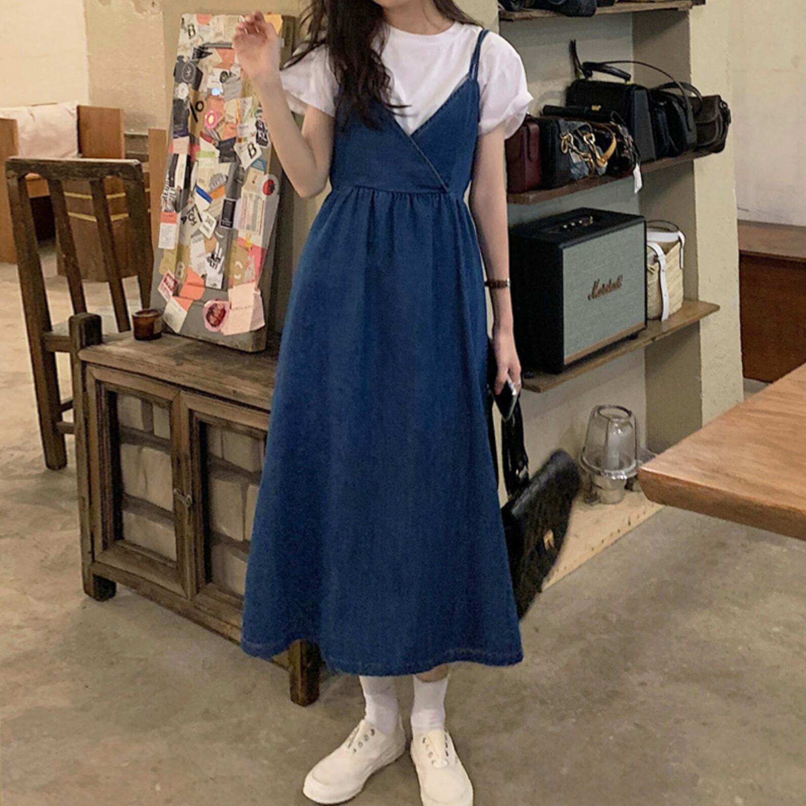 送料無料 嬉しい セットアップ 2点セット デニム キャミソール ワンピース Tシャツ サロペ スカート ロング かわいい Lamitte Deco トレンド 韓国ファッション ショップ Base店