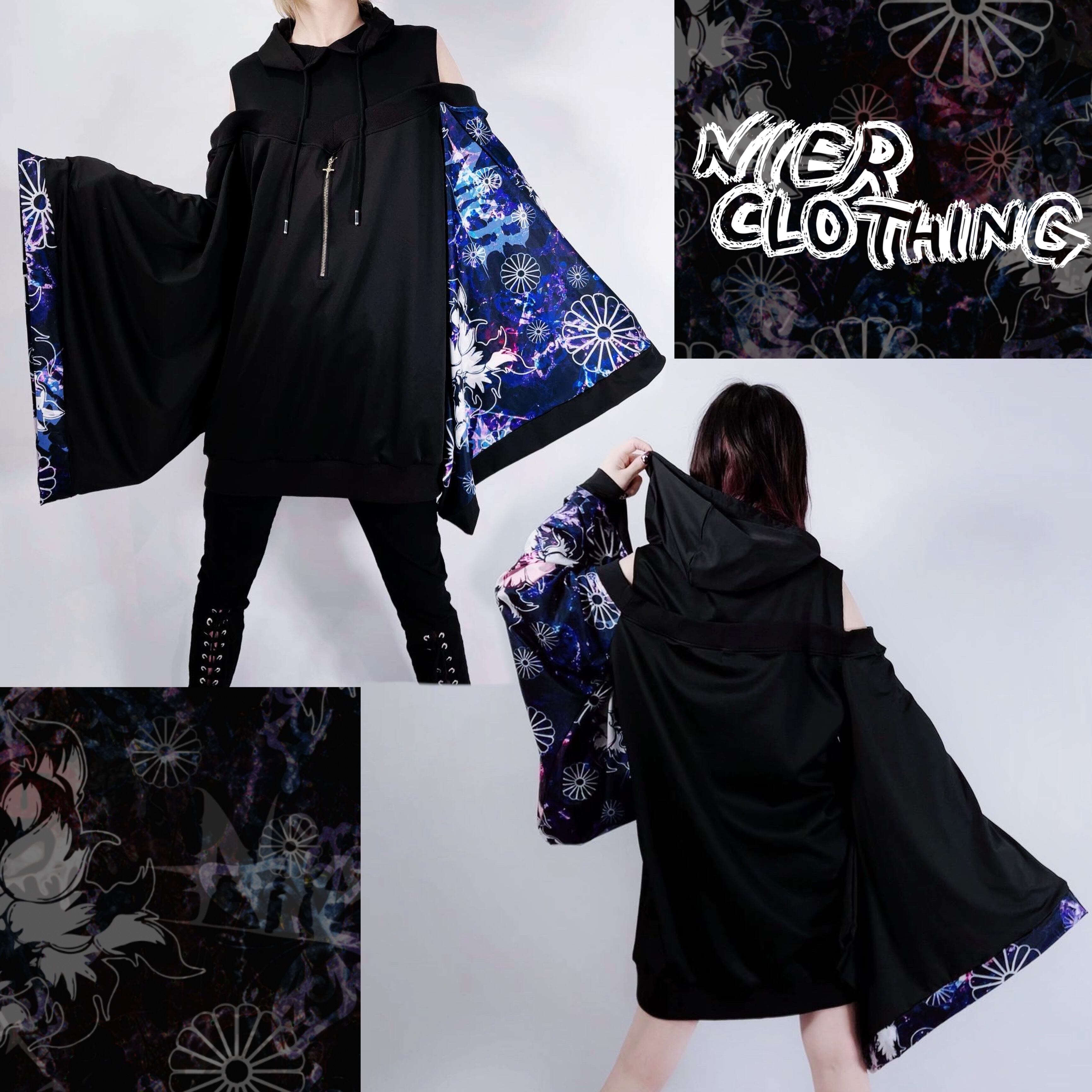 着物風袖 FRONT ZIP付きOFF-SHOULDER HOODIE【和柄九尾】 | NIER CLOTHING powered by BASE