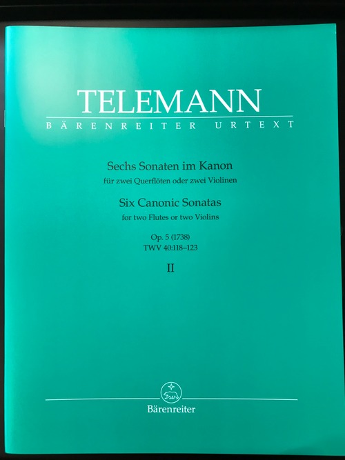 洋書 テレマン　6つのカノン風ソナタ　OP.5　第2巻（TELEMANN：Six Canonic Sonatas Op.5 Vol.2）TWV40/118-123：第4番-第6番　ベーレンライター社/フルート2重奏