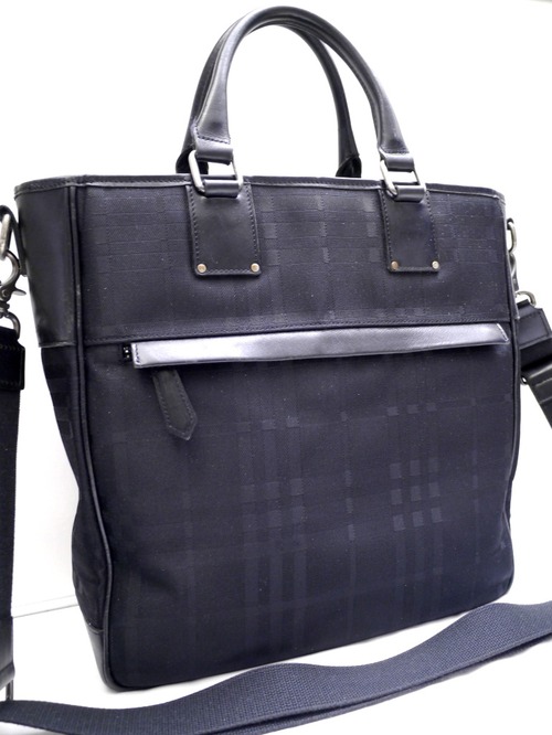 美品◆BURBERRY バーバリー A4対応 ビジネス可 ジャガード レザーxキャンバス 2way トート バッグ  黒◆ ビジネスシーンでも大活躍の定番♪