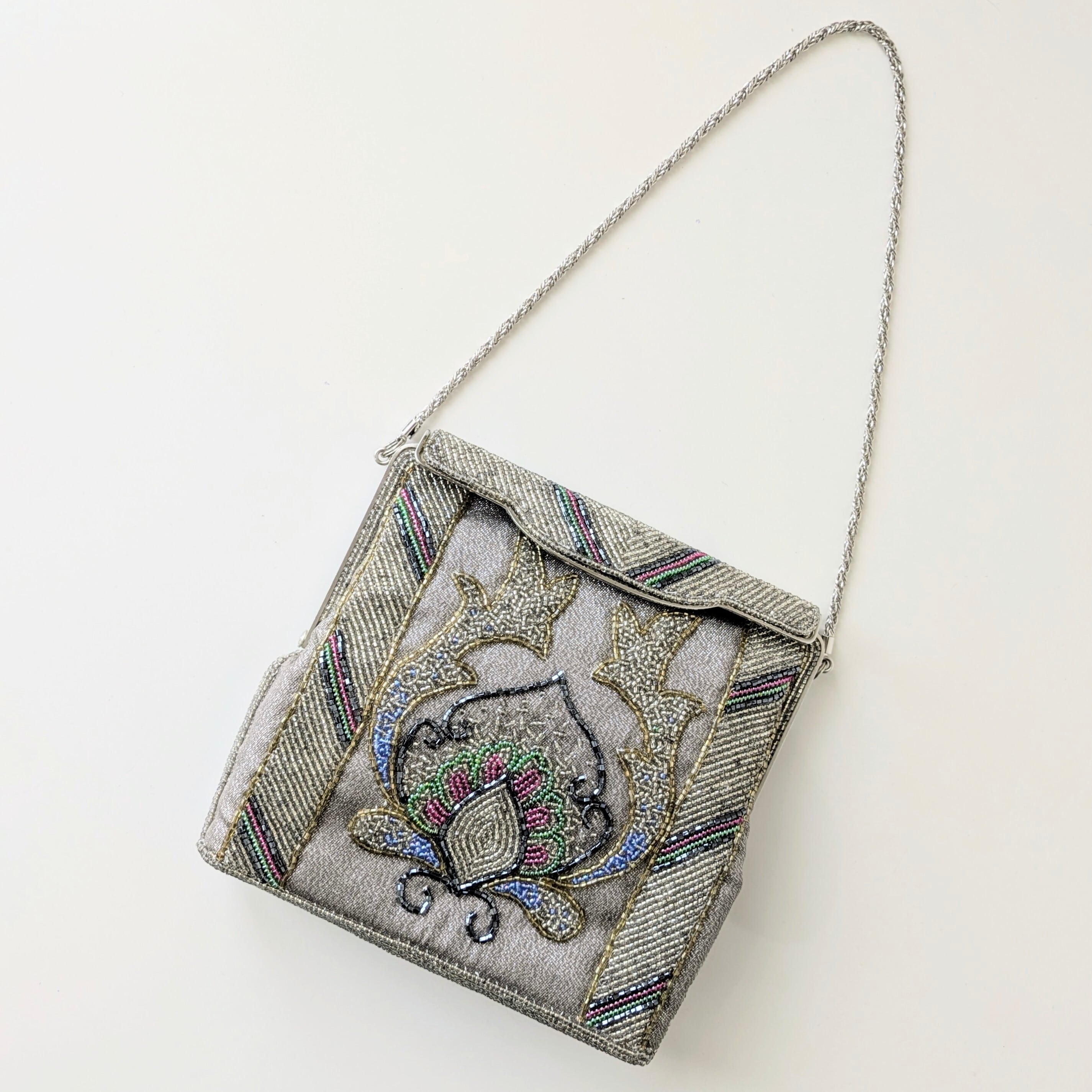 ビーズバッグ ハンドバッグ 手刺繍 葉っぱ 和装 レトロ ヴィンテージ ブルー ビーズバッグ 青 紫 黒 ダークカラー 昭和レトロ ヴィンテージ 美品