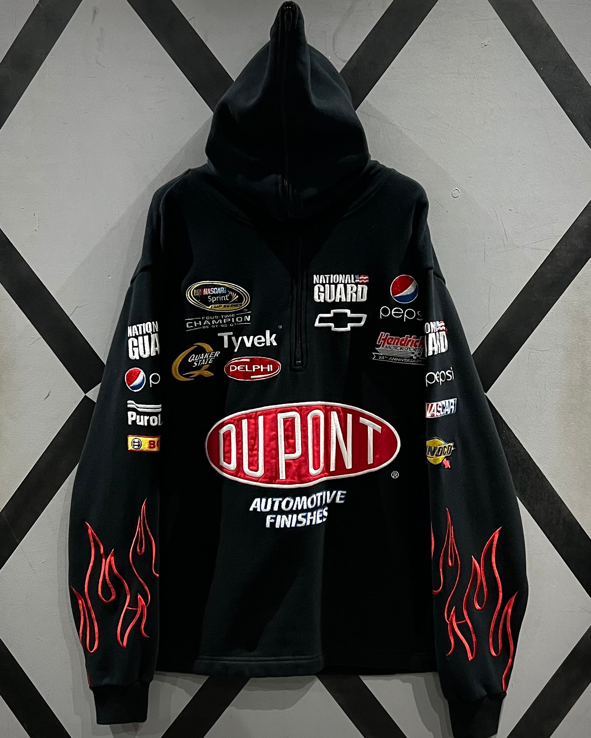 X VINTAGE】“NASCAR” Flame × Logo Design Half Zip Hoodie | Caka