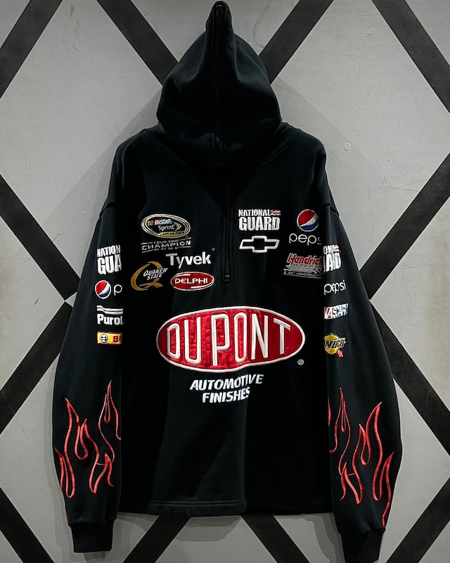 【X VINTAGE】“NASCAR” Flame × Logo Design Half Zip Hoodie