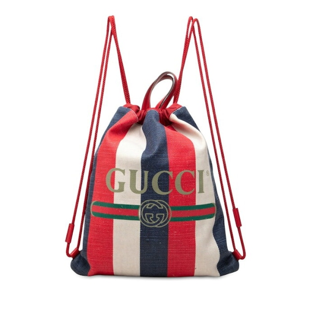 グッチ シェリーライン GGロゴ リュック バックパック 巾着 473872 ブルー レッド キャンバス レザー レディース GUCCI 中古