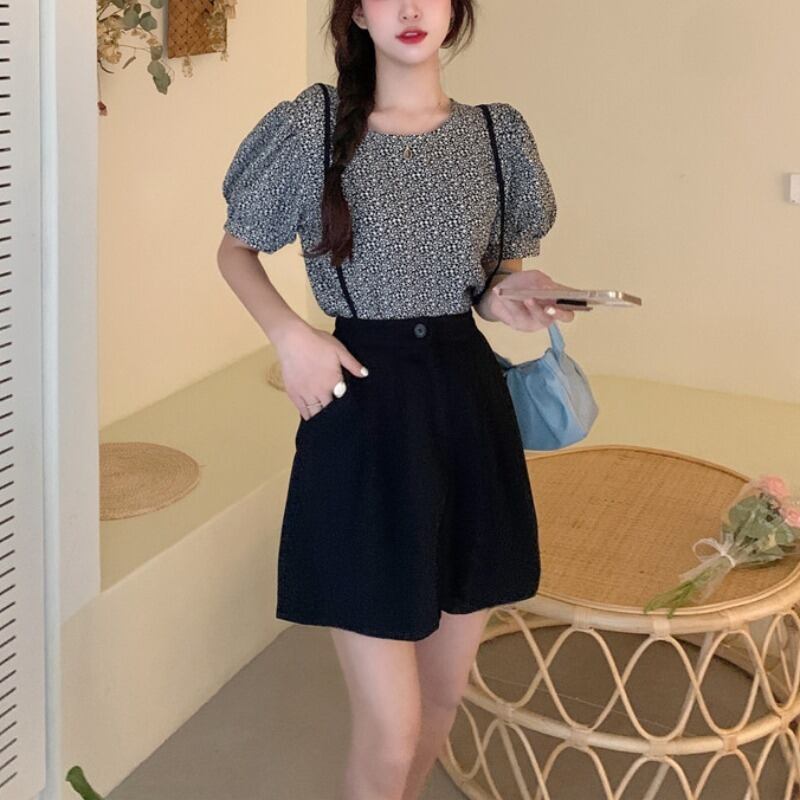 サマーカジュアルフローラルスリーブシャツ ショーツ 夏物 ブルマー 花柄 1号婦人2544799371