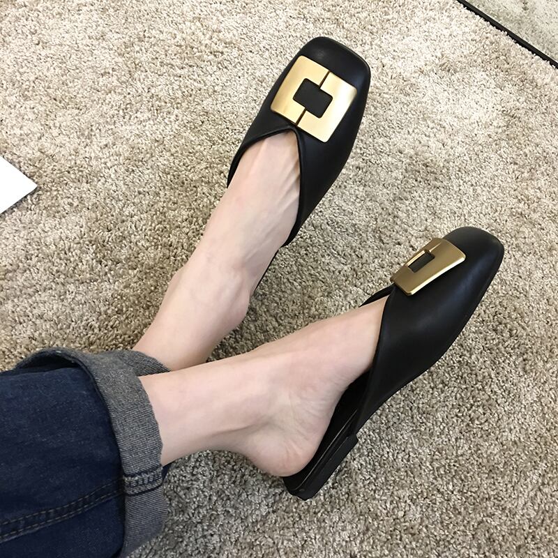ネットレッド包頭ハーフスリッパレディースアウターウェア2020春夏新作メタルスクエアバックルサンダルフラットミュールトレンド フェイクシューズ86884369362