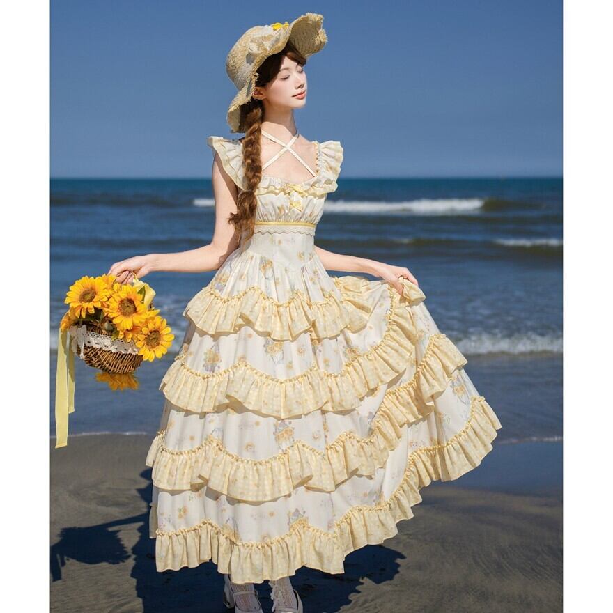 未使用級✨夏に◎ビジュー装飾✨René ルネ フリル ロングワンピース 陽だまりの花園 フリルと花柄のフレンチガーリーな夏ワンピース5点