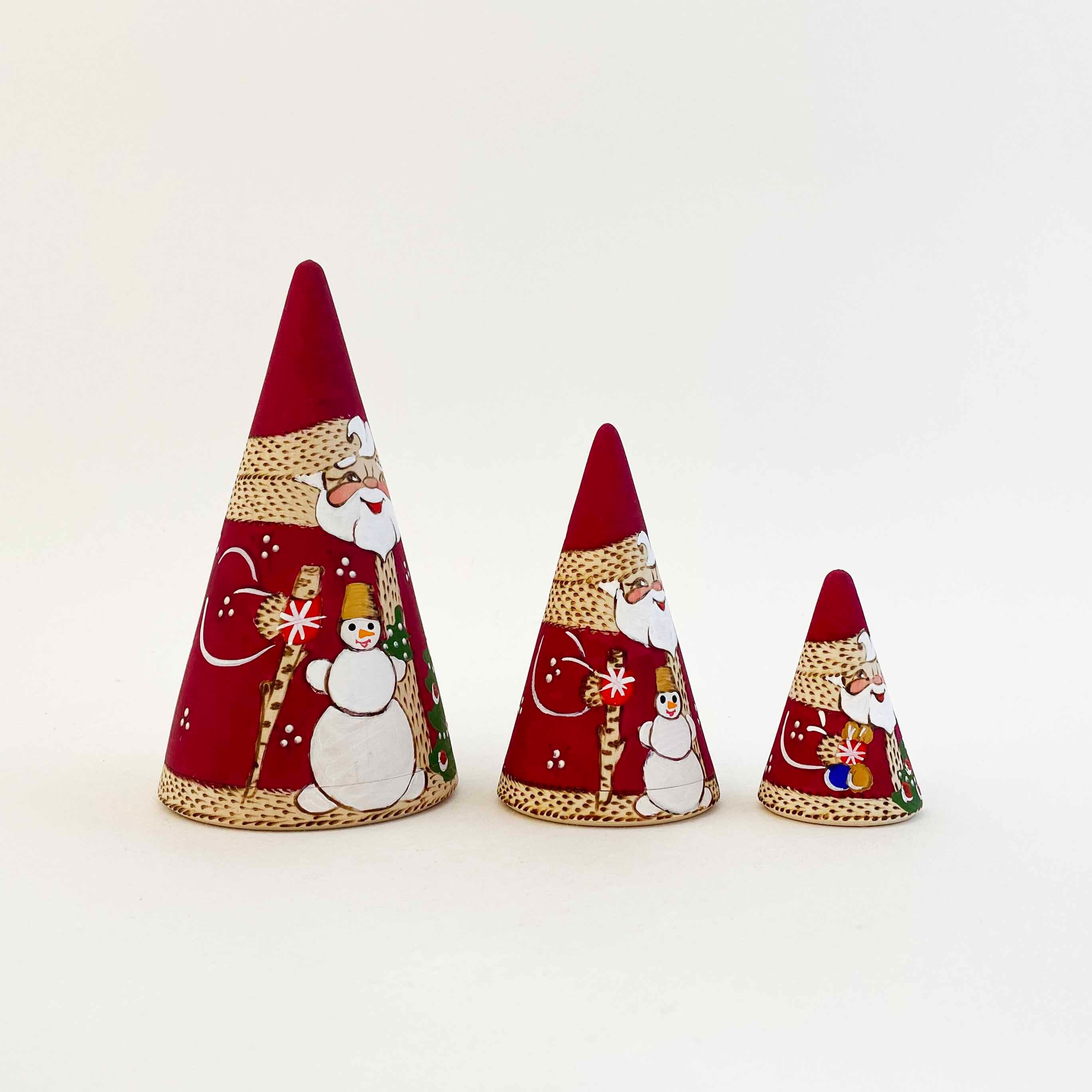 サンタ/ジェドマロースと雪だるま 焼ごて円錐マトリョーシカ(3個組)