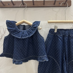 夏水玉柄フリルデニムベストセット