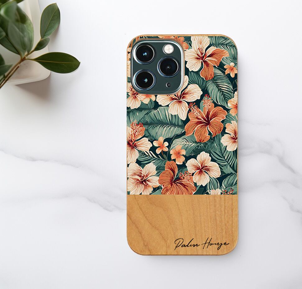 天然木♡名入れ♪レトロトロピカルフラワー グリーン iPhoneケース