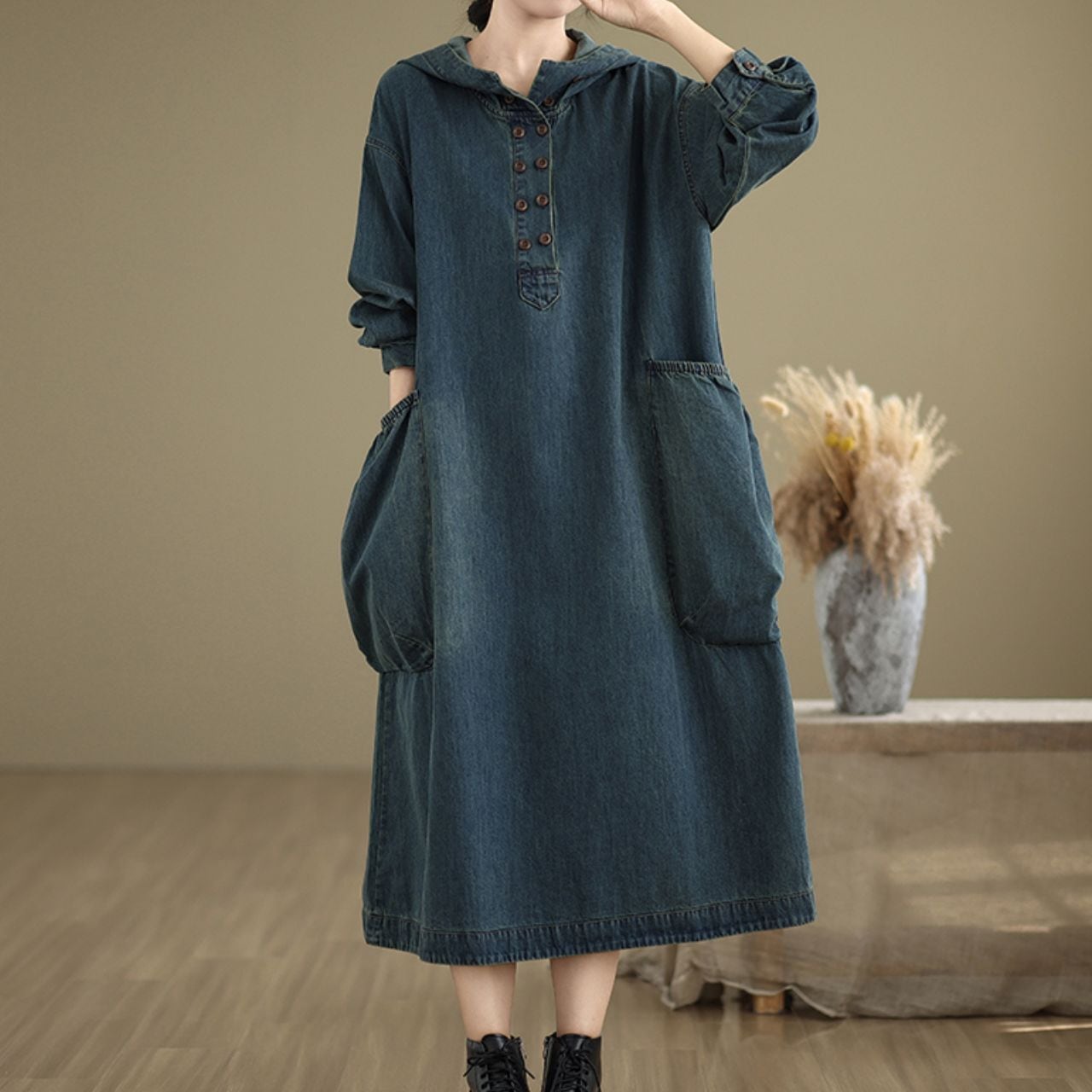 フード&ポケット付き デニム風ロングワンピース Ln00359
