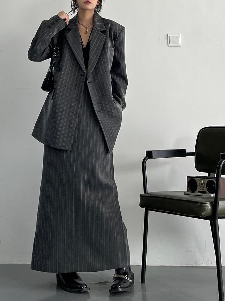 Vintage Style Gray Striped Blazer and Skirt Set*S-993