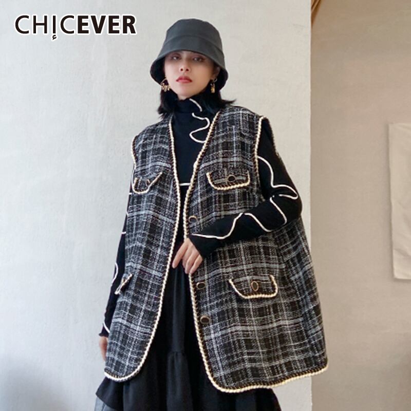 CHICEVERチェック柄ベストジャケットレディースVネックノースリーブヒットカラーニット特大ヴィンテージコート2020秋服 オータム 秋物 ビンテージ 6base582762688418