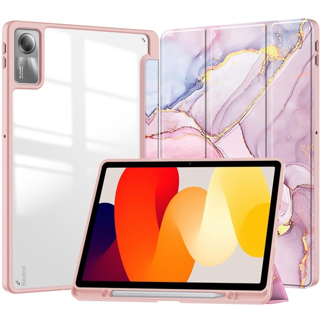 Disonbeir 対応 Xiaomi Pad 7 ケース 背面透明 Xiaomi Pad 7 Pro ケース クリア イラスト 印刷 ペン収納可能 シャオミ Pad7 Pro 用 カバー 三つ折りスタンド オートスリープ機能 耐衝撃 軽量 お洒落,ピンク(大理石柄)