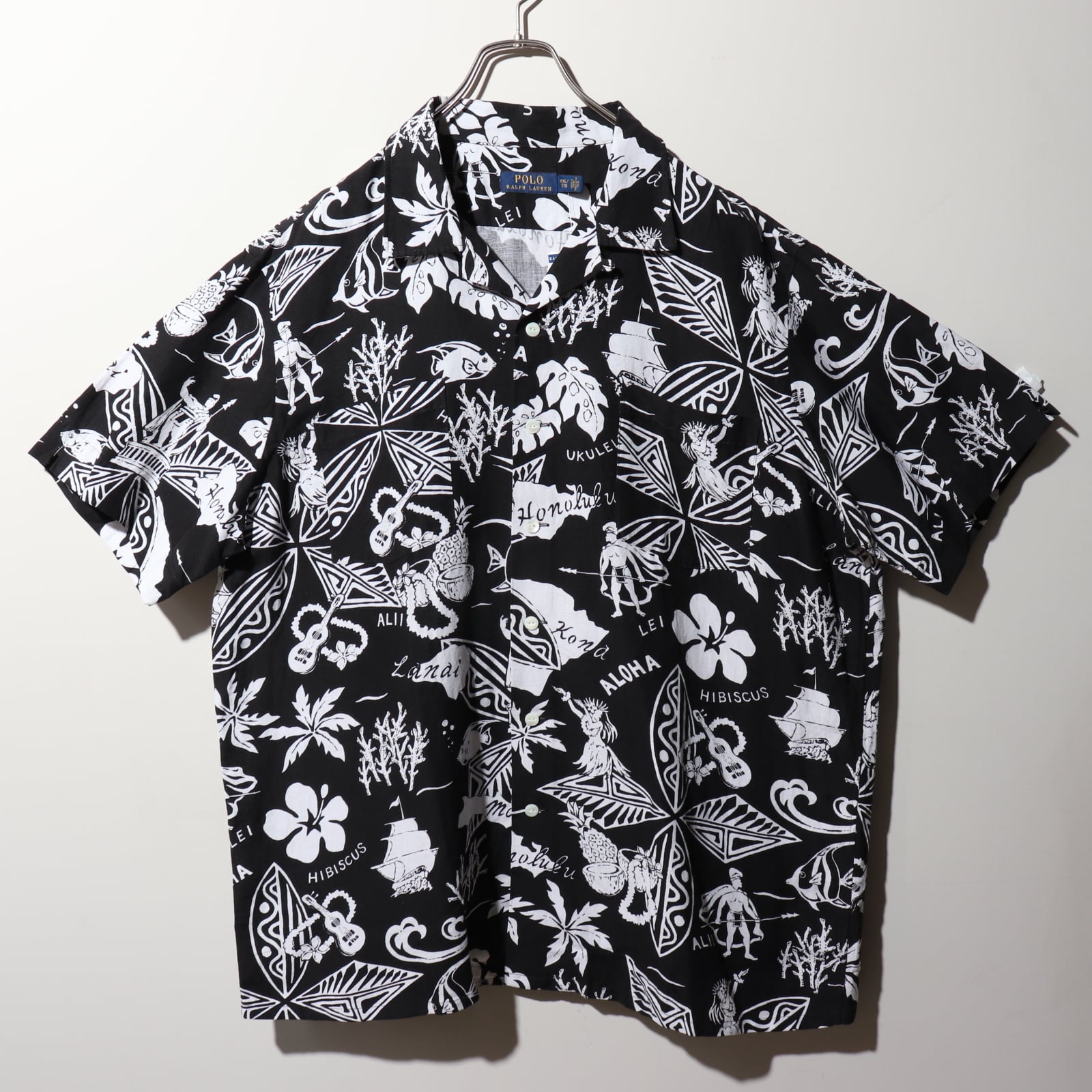 新品 2XL ポロラルフローレン 半袖開襟アロハシャツ 総柄 黒 ブラック 