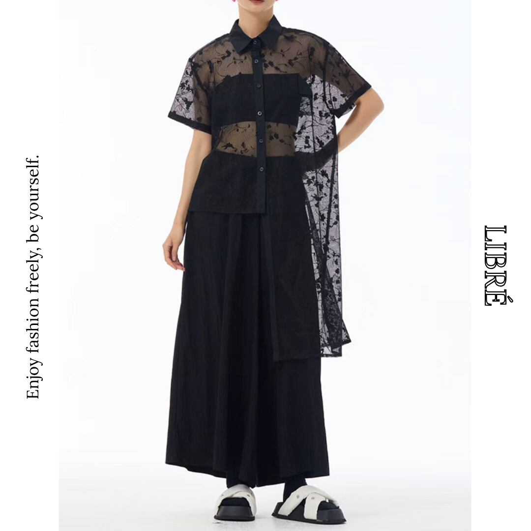 asymmetry sheer floral shirt L0605