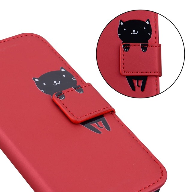 らくらくスマートフォン F-52B ケース手帳型 CASAFUNY かわいいdocomo ドコモ FCNT らくらくフォン F52Bカバー 富士通 f-52b 手帳ケース スタンド機能 マグネット式 カード収納 人気ケース 薄い 使いやすい f52bケース 携帯ケース らくらくホンF-52B スマートフォンケース 財布型 全面保護 赤猫