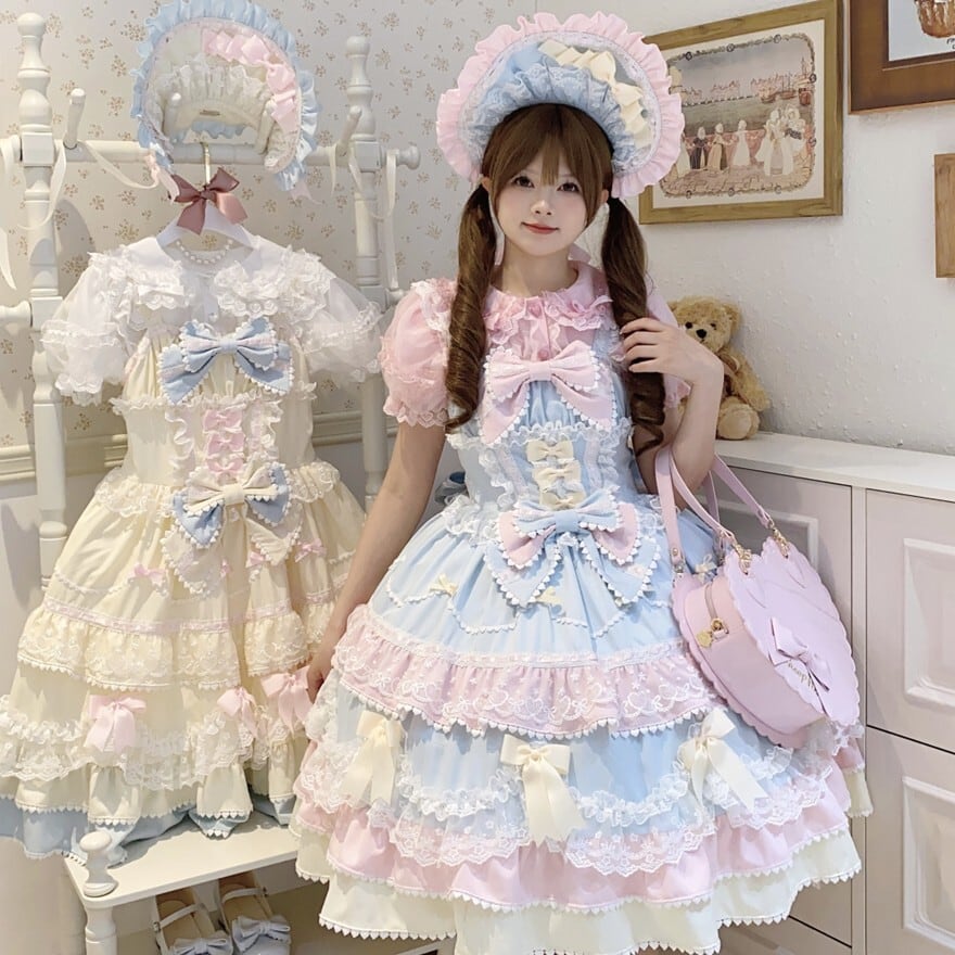 夢かわいい 甘ロリ ジャンパースカート レース 編み上げ ピンク