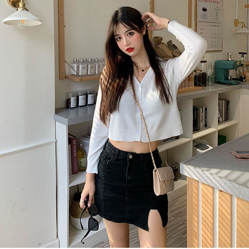 クロップドトップス ソリッド カラーニットVネックスリムスタイルTシャツ サマー ロング 夏物 ソリッドカラー 萌量不足73332829440