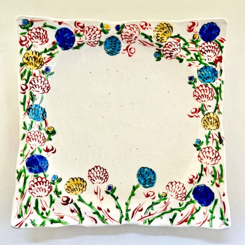 志野赤絵野花四足四方皿（大）（青、黄、トルコ）【榛澤宏】