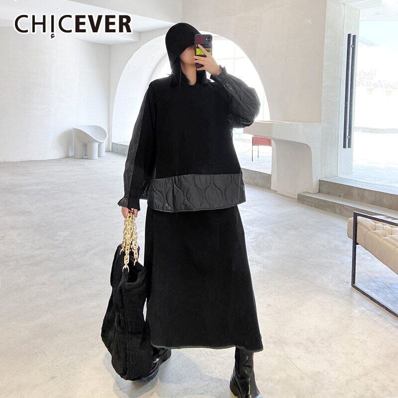 CHICEVERブラックツーピースセットレディースOネック長袖コットンプルオーバーウエストミッドスカートセット2020服 ロング 6base523843696030