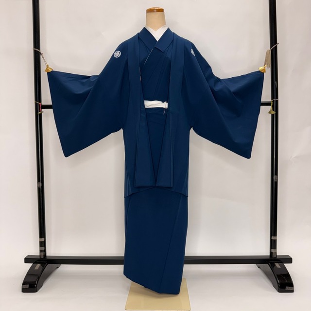 男紋付 男着物 紋付 ポリエステル 羽織 長着 裄69.7cm M size 青 五つ紋 中古 成人式 舞台衣装  6370