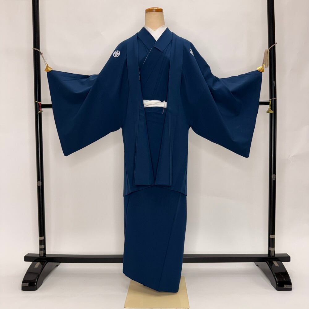 男紋付 男着物 紋付 ポリエステル 羽織 長着 裄69.7cm M size 青 五つ紋 中古 成人式 舞台衣装 6370