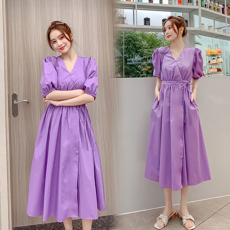 【新作】【送料無料】 マタニティウェア2020夏の新しい綿とリネンのワンピースネクタイVネックドレス、トレンディなマザーミドル丈マタニティドレス-アリババ コットン サマー 夏物 expec230672366402