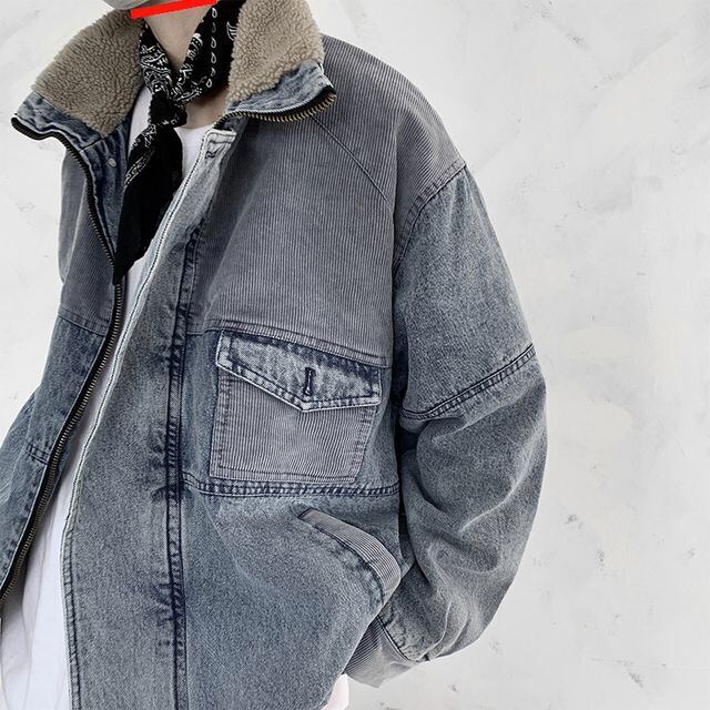 【予約販売】デニムブルゾン アウター ボア襟 防寒 ブラック ブルー 冬 ジャケット ショート丈 メンズ カジュアル 男前 こなれ感 お洒落 韓国 トレンド 秋 冬 M/L/XL/2XL