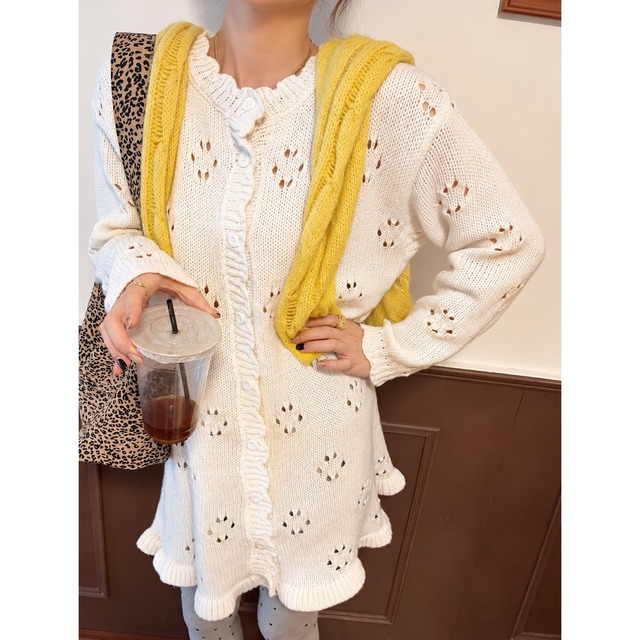 Flower eyelet frill long cardigan　M1870
