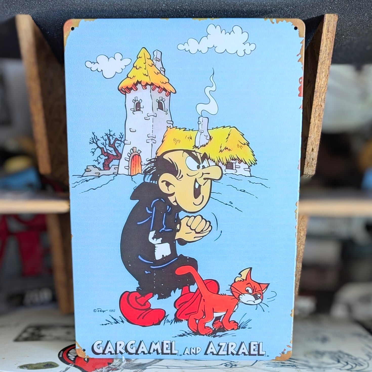 送料無料!ちょうどいいブリキ看板 【 SMURF ( スマーフ ) 】『 ガーガメル&アズレール 』METAL SIGN / メタルサイン / ブリキ看板 / サインボード / ビンテージ加工〚アメリカン雑貨 アメトイ〛