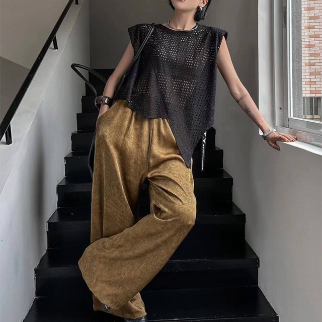 mesh asymmetrical top with shoulder pads L0593