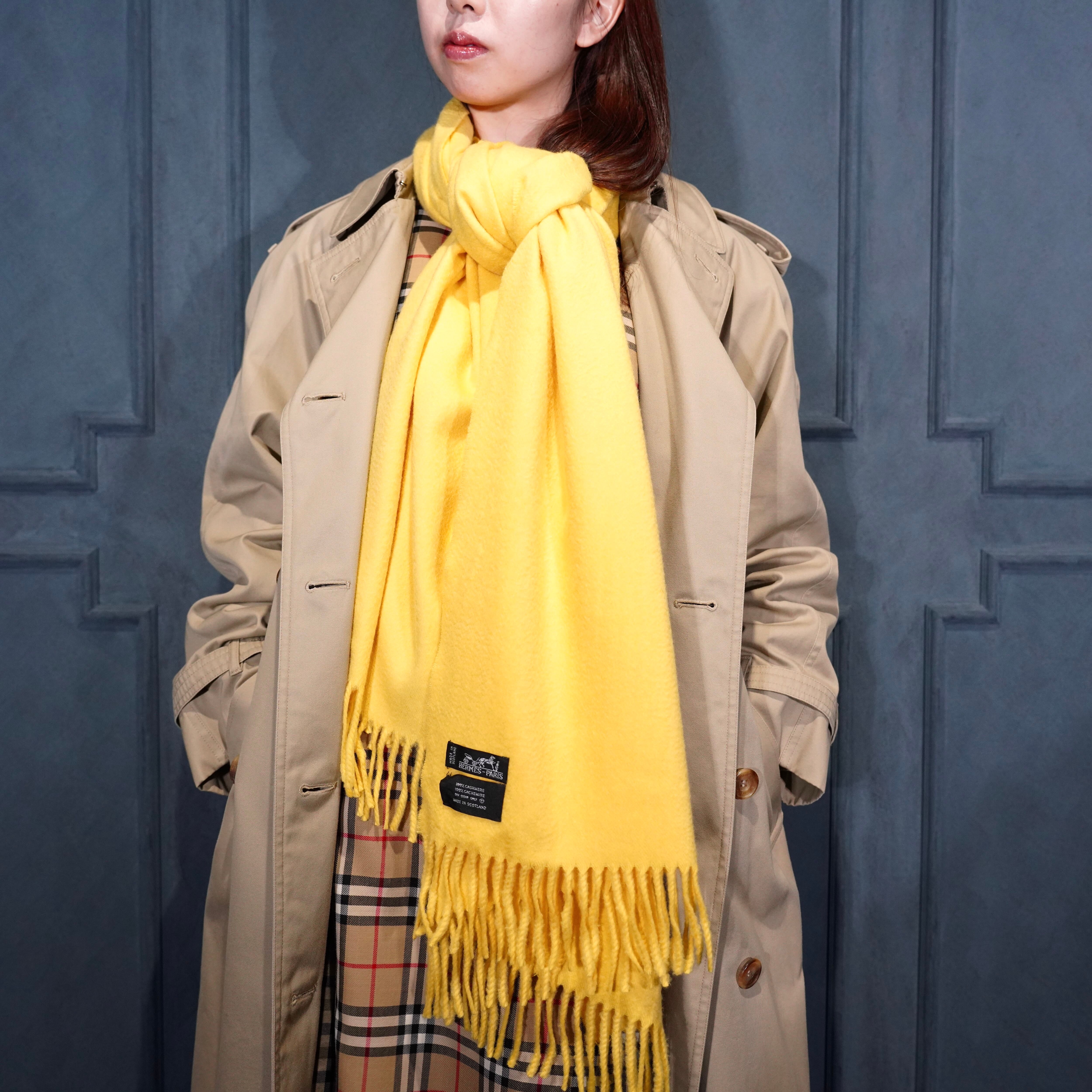 HERMES 100%カシミヤ マフラー イエロー HERMES CASHMERE100% LARGE SIZE SHAWL MUFFLER MADE IN SCOTLAND