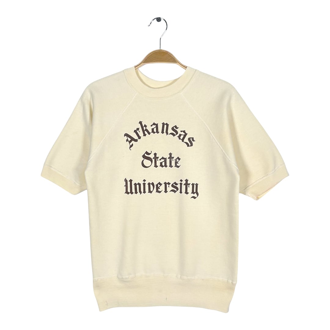 70s アンカーソー州立大学 ヴィンテージ 半袖スウェット 3段プリント カレッジ ライトイエロー アーチロゴ サイズM相当 古着 CF1028