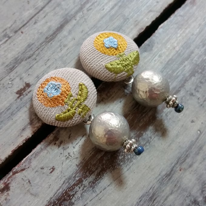 【ピアス】北欧 花刺繍 クルミボタン コットンパール ピアス(品番sp) オリエンタル ピアス