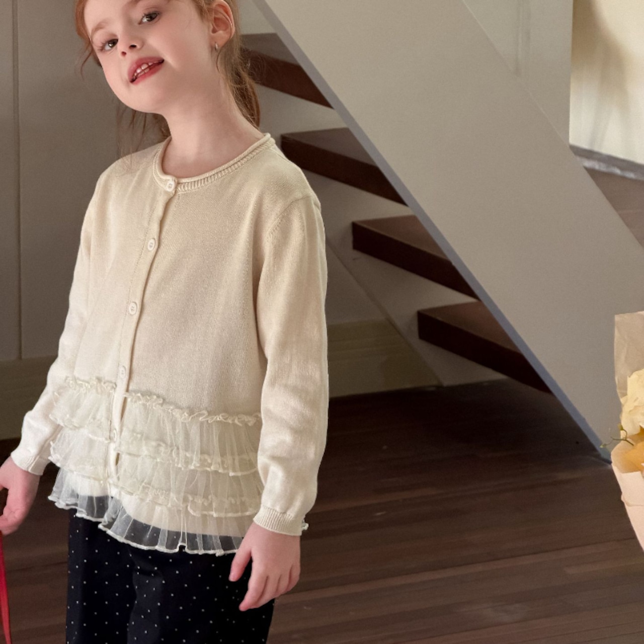 春多重チュール裾カーディガン