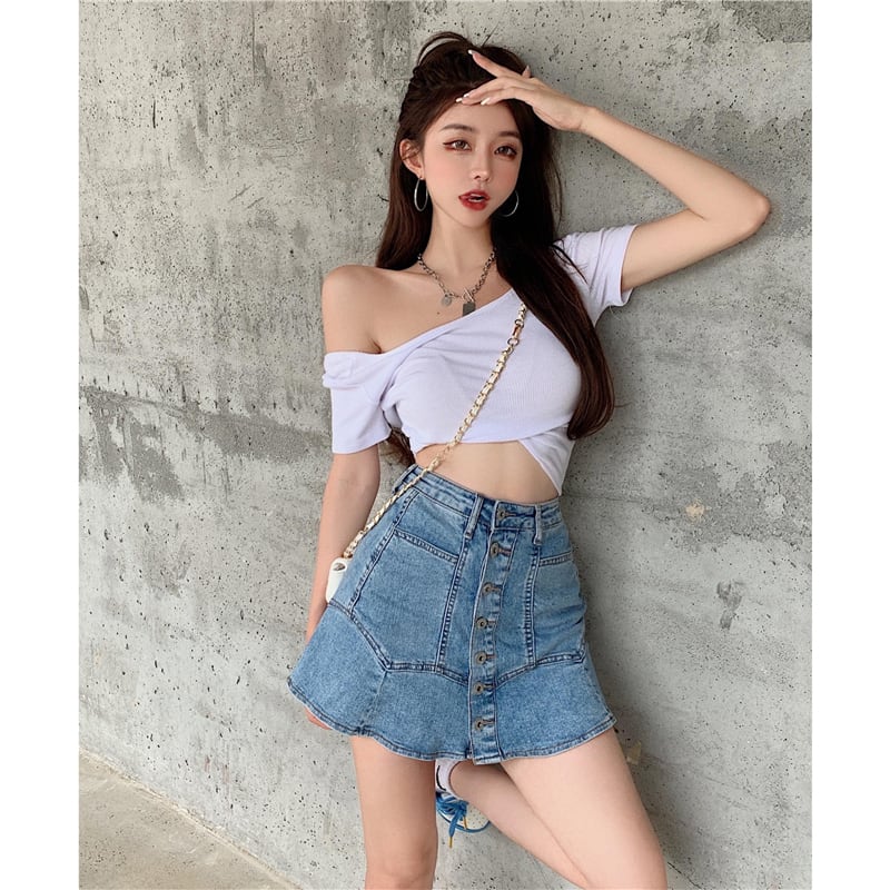 スタイルスタンダードスカート サマーショートハイウェストウェストAライン レトロ 夏物 ブラックストロベリース22952970704