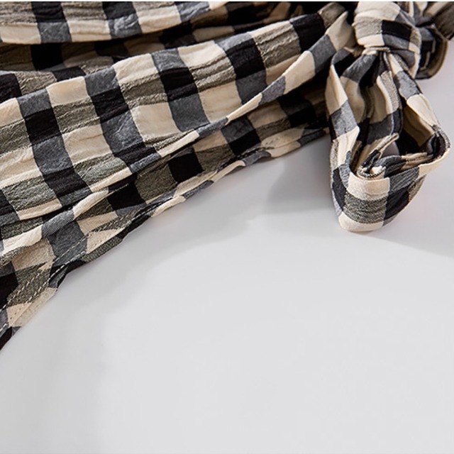 gingham check ribbon tie sleeveless blouse L0543